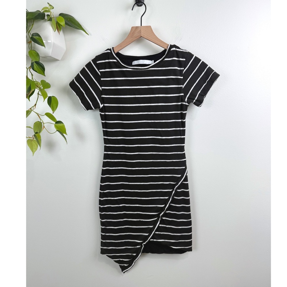 Delacy Los Angeles Black White Striped Mini Dress Short Sleeve S Bodycon Wrap